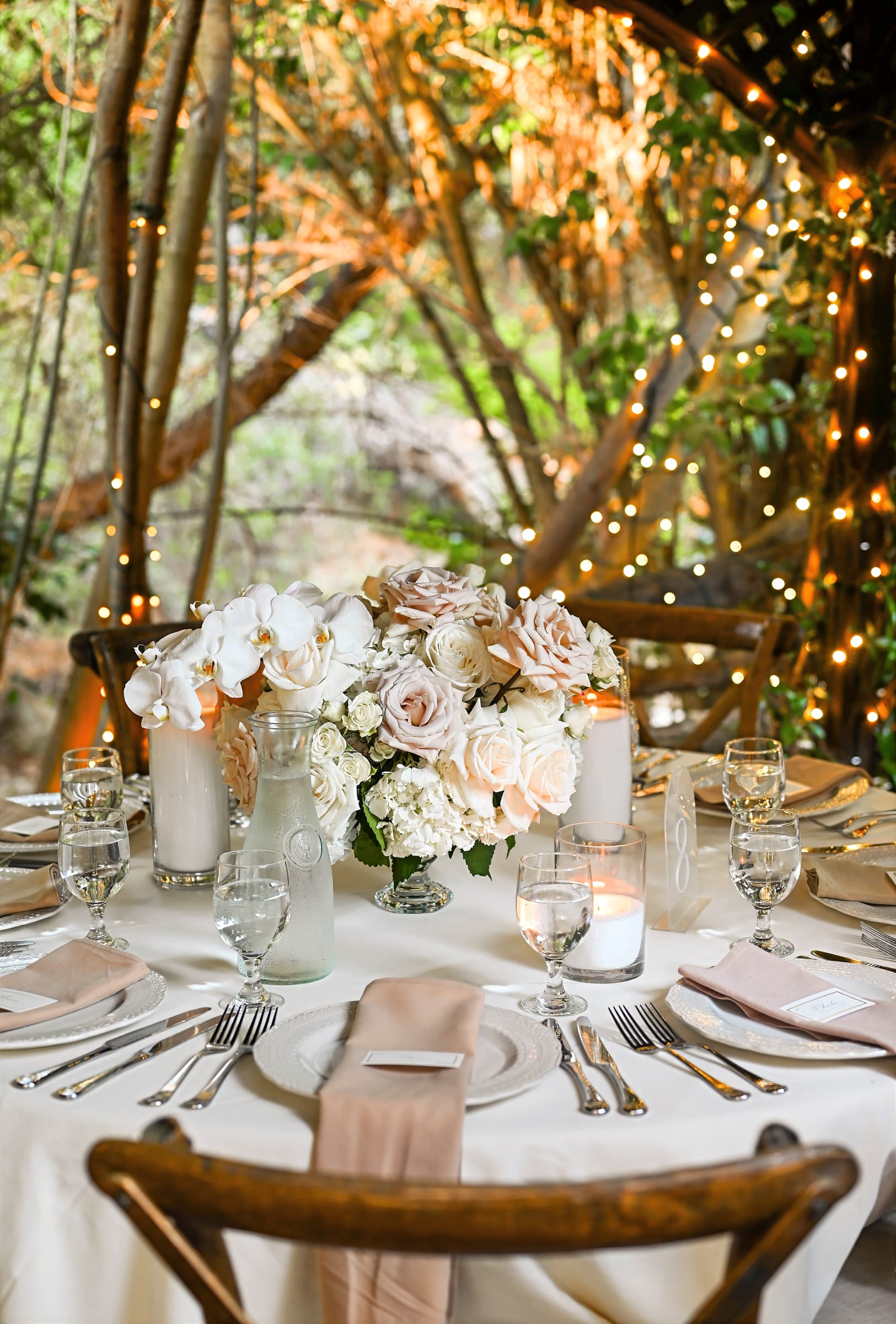 Elegant floral table setting at a wedding celebration, Inn of the Seventh Ray